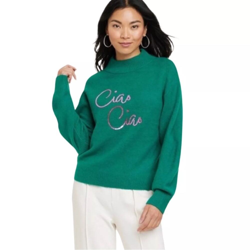 A New Day Ciao Ciao Green Pink Sequin Fuzzy Sweater Size XL  Mock Turtleneck